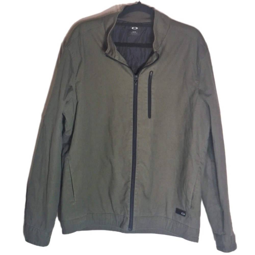 Oakley Mens XL Green Lightweight Zip Front Bomber Jacket Black Trim Lined Coat
